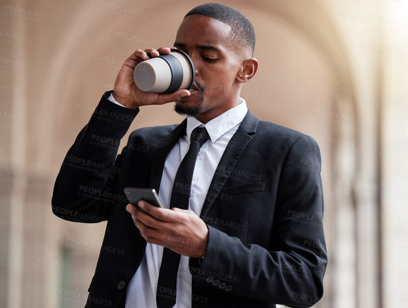 Buy stock photo Corporate, coffee and black man with smartphone in city for networking, communication or social media. Break, drinking tea and lawyer on mobile for browsing internet, texting or app with lens flare