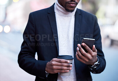 Buy stock photo Black businessman, fashion and hands with smartphone and coffee for connection, travel or work break. Formal, male person and technology with drink for commute to workplace with communication