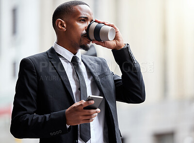 Buy stock photo Professional, coffee and black man with smartphone in city for networking, communication or social media. Break, drinking tea and corporate lawyer on mobile for browsing web, texting or app