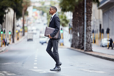 Buy stock photo Business, man and crossing street in city as lawyer for stroll to work with bag in outdoors for employee by office. Confident, corporate and male person by walking on road to travel to company