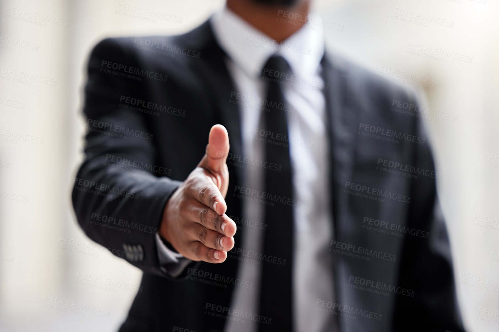 Buy stock photo Businessman, open hand and welcome for handshake, deal or agreement with worker, client or employee. Corporate lawyer, success and thank you in law firm for partnership, negotiation and contract