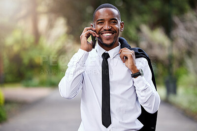 Buy stock photo Businessman, phone call and portrait in city with talking, networking and conversation for smartphone. Male banker, mobile and speaking in town for communication with connection and work negotiation