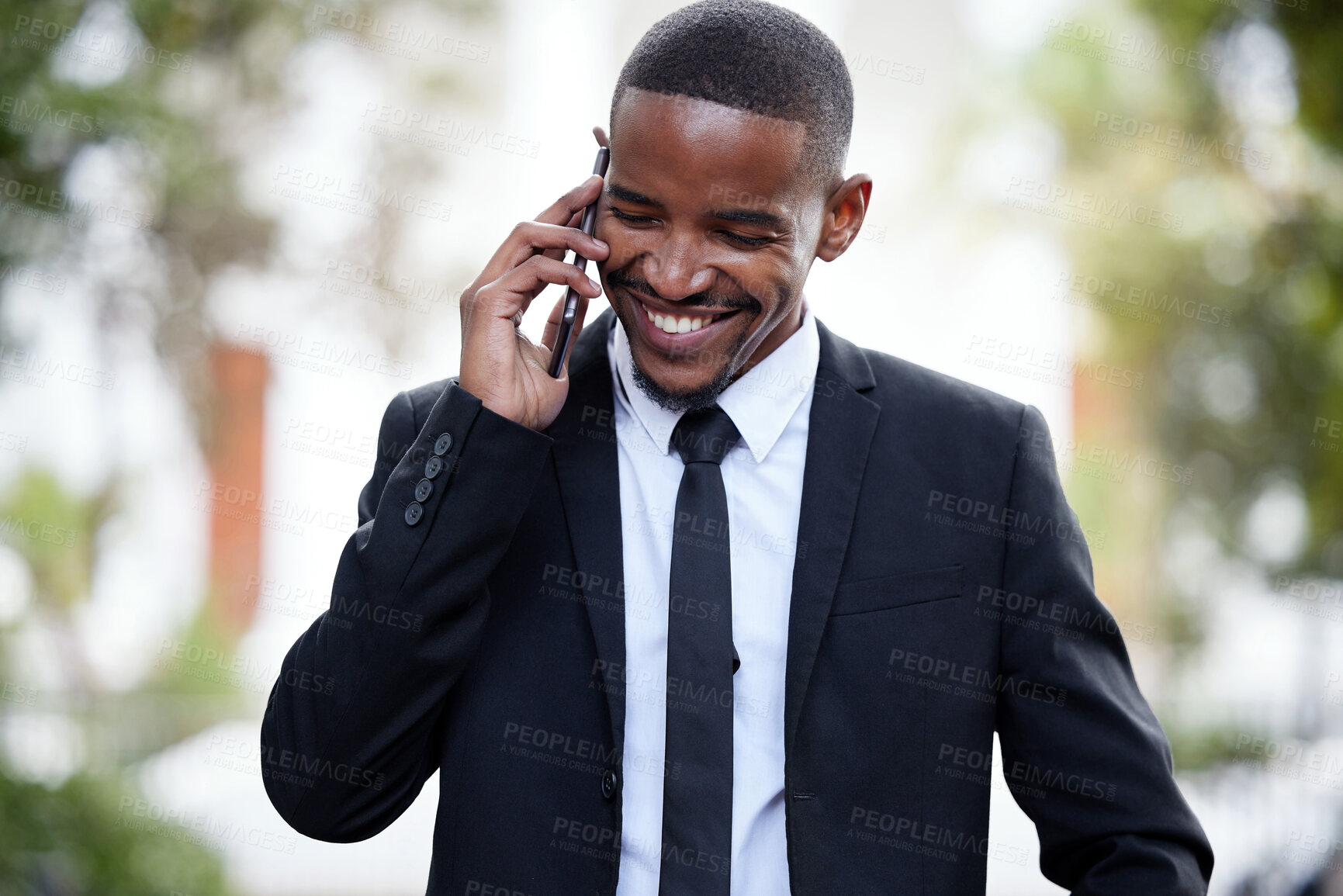 Buy stock photo Black man, business and smile on street, phone call and talking on walk for contact, chat or good deal. Happy african businessman, smartphone and talk for networking, sales or stock trading on road