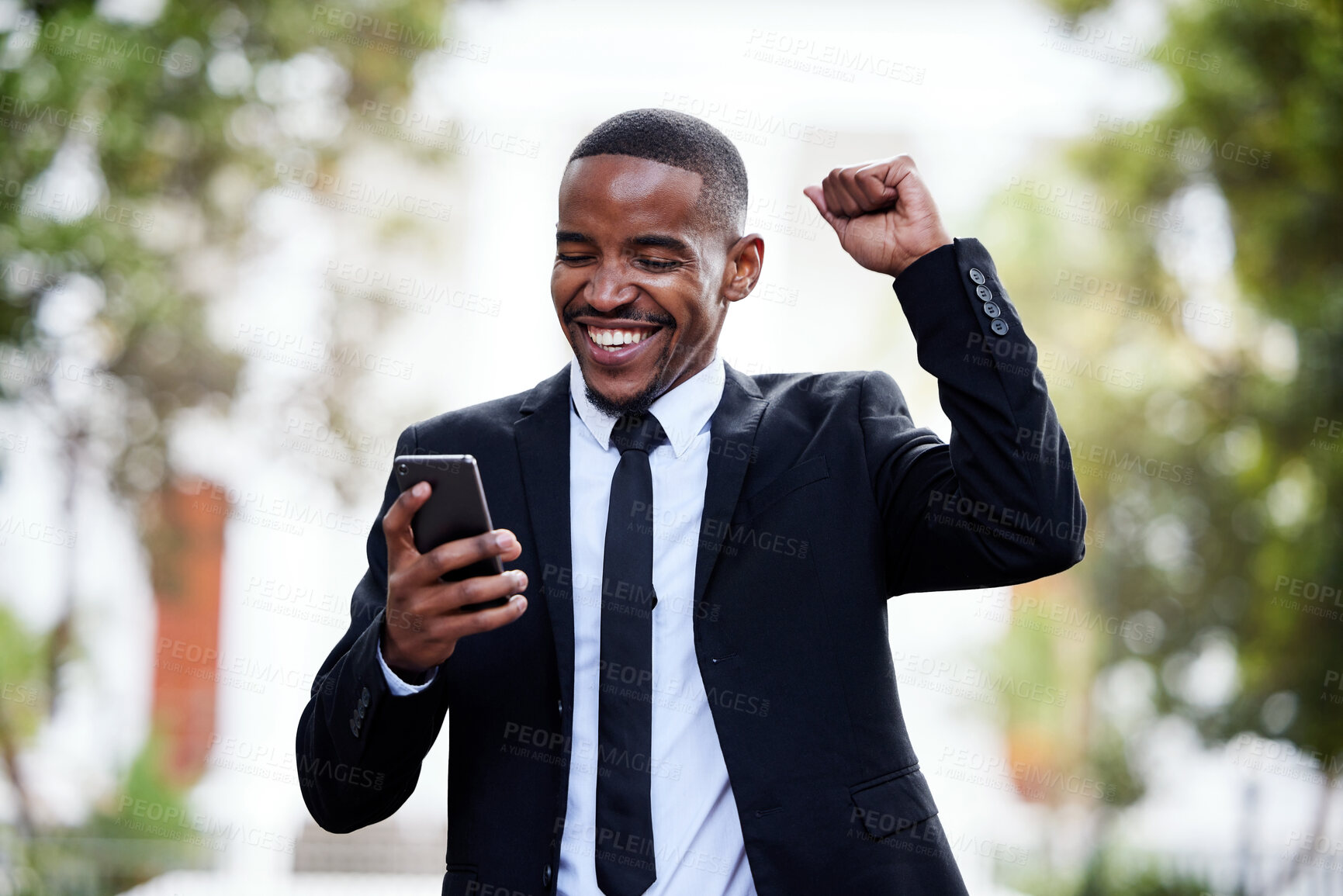 Buy stock photo Black man, business and phone with celebration in street for winning, trading profit or bonus in city. African businessman, smartphone and winner on internet for esports, gambling or promotion at job