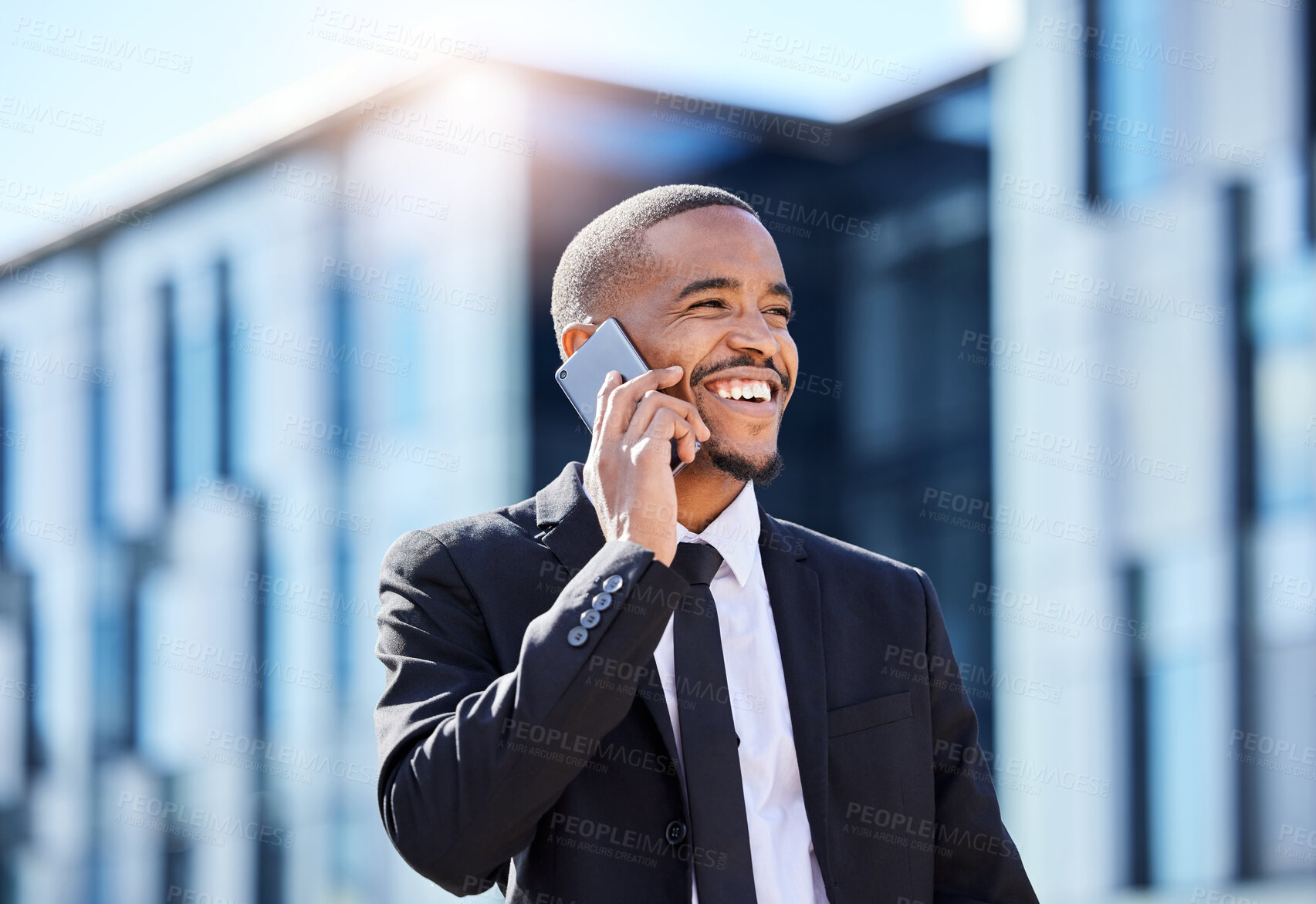 Buy stock photo Phone call, black man and urban for business, talk and conversation for sales. Network, communication and mobile smartphone chat in city, entrepreneur and street or sidewalk for speaking online