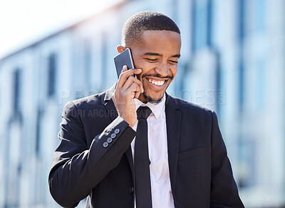 Buy stock photo Phone call, black man and urban for business, talk and conversation for sales. Network, communication and mobile smartphone chat in city, smile and entrepreneur in street or sidewalk for speak online