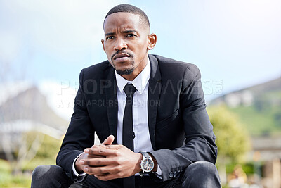 Buy stock photo Thinking, serious and man in city for corporate work, determined and ready for business career in Atlanta. Male employee, travel and commute to new company job as operations manager and professional.