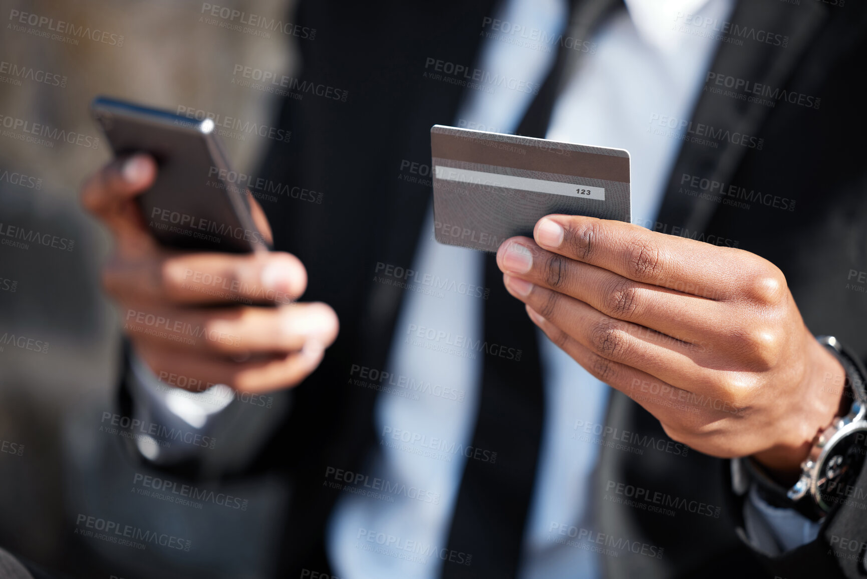 Buy stock photo Hands, phone and a credit card for an online payment, shopping or ecommerce. Contact, finance and closeup of a businessman on a mobile app for banking, investing money and paying on the internet