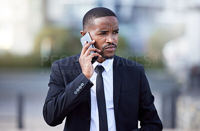 Buy stock photo Phone call, black man and urban for business, talk and conversation for sales. Networking, communication or mobile smartphone for chat in city, entrepreneur or travel with serious walking male person