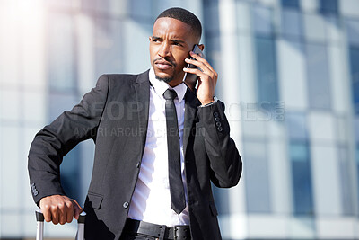 Buy stock photo Phone call, black man and urban for business, chat and conversation for sales. Networking, communication and mobile smartphone for talk in city, entrepreneur and travel for conference or seminar trip