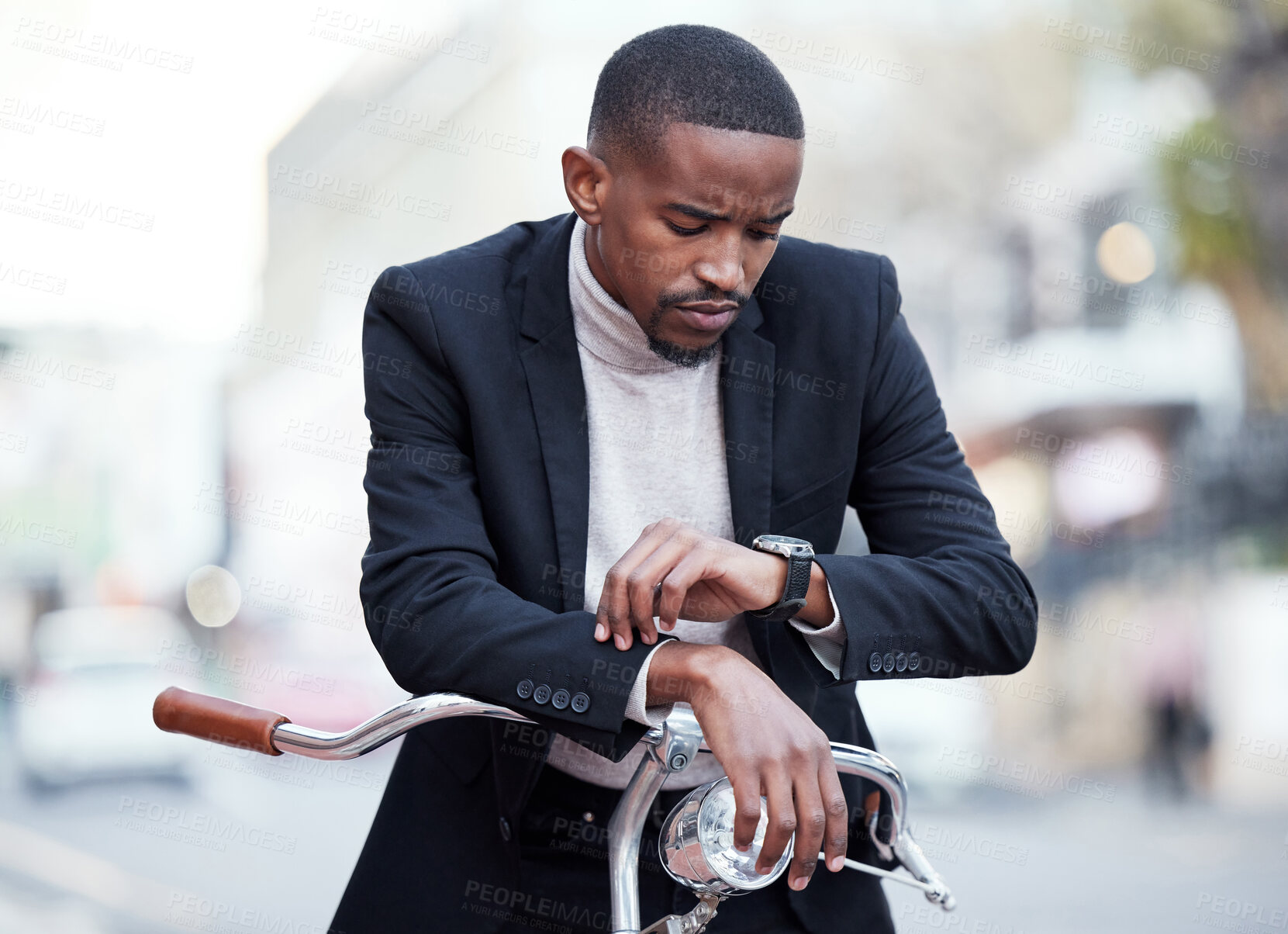 Buy stock photo Watch, business and black man with bike, late and stress with schedule, employee in road and sustainability. African person, outdoor and cyclist with professional, check time and eco friendly travel