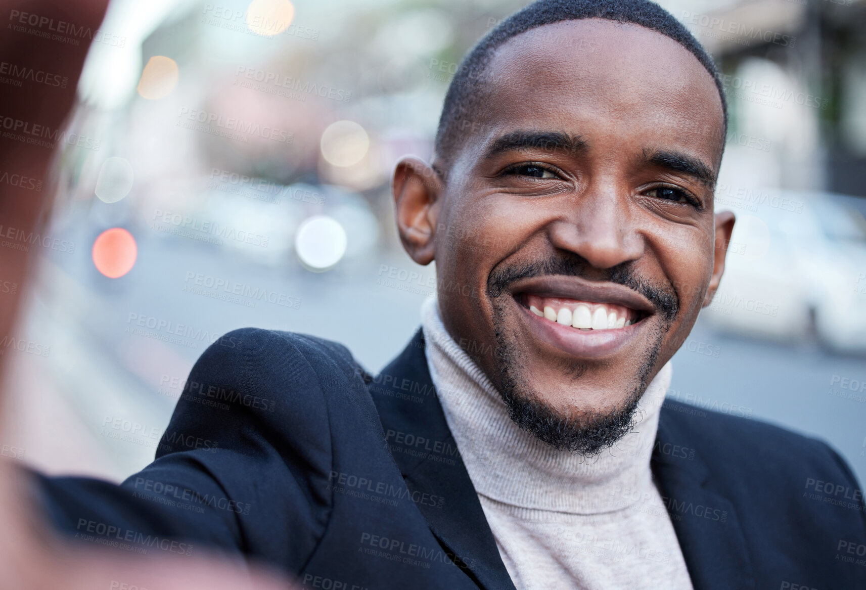 Buy stock photo African business man, selfie and street portrait in city with smile, happy or outdoor on social media app. Young black businessman, profile picture and photography on metro road, traffic or blog post