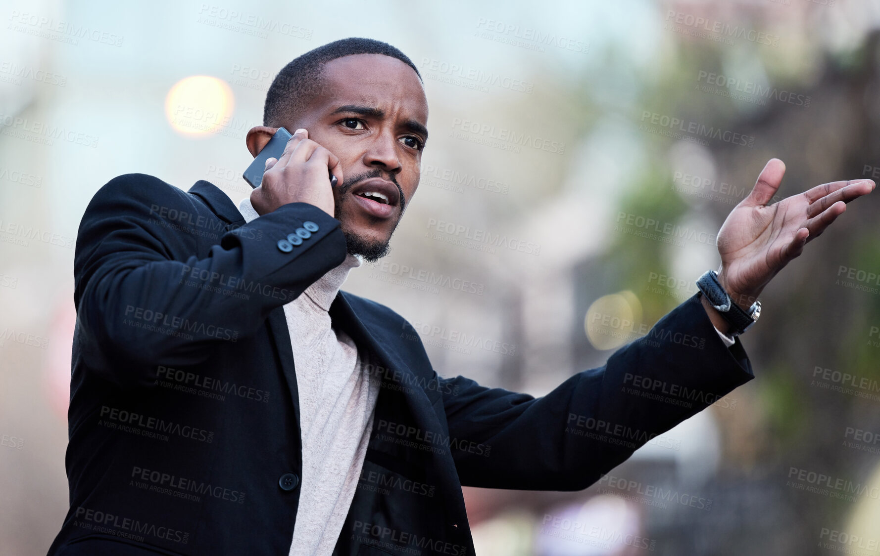 Buy stock photo African businessman, city and phone call with frustration, planning and schedule for urban law firm. Lawyer, conversation and stress for case, research or morning for client report with problem