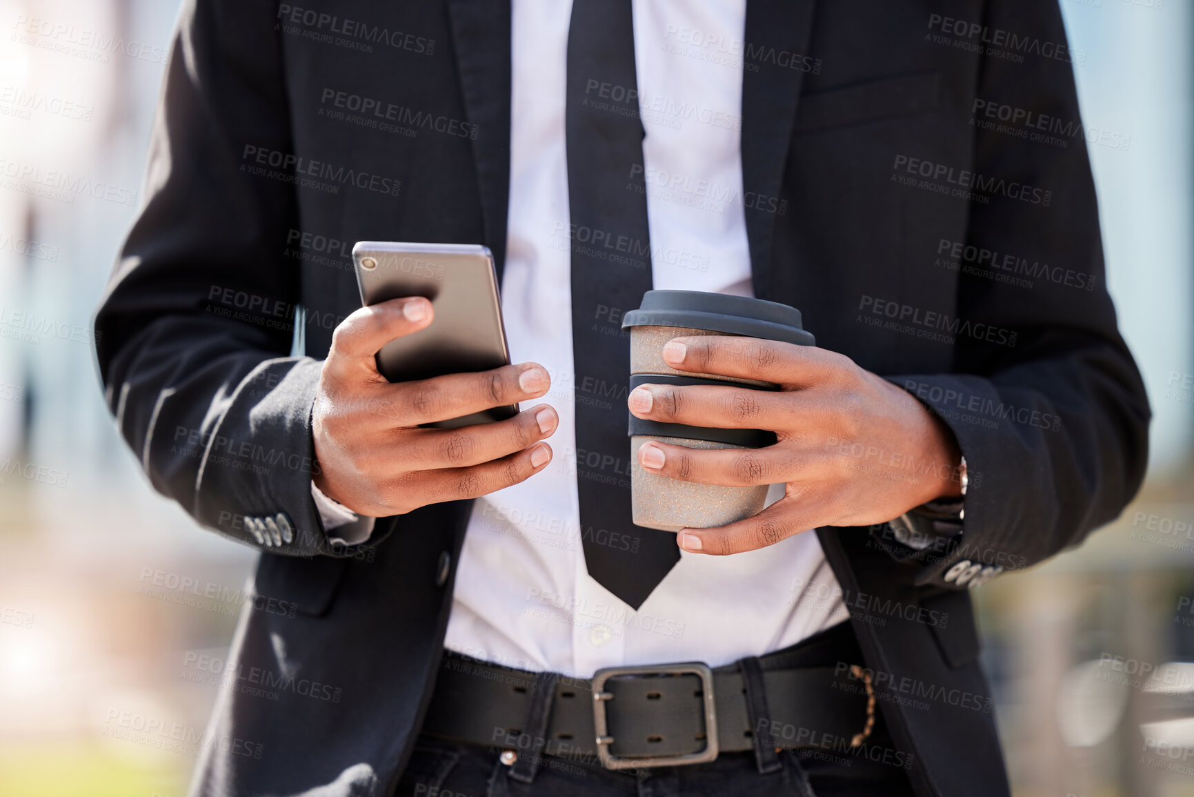 Buy stock photo Businessman, closeup and mobile with coffee or typing for email, communication with technology for company. Male person, city and espresso or phone and check for schedule, reminder for meeting on app