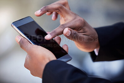 Buy stock photo Hand, smartphone and scroll for communication, search and online website swipe. Person, cellphone and internet for social media, networking or travel booking with technology or app for research