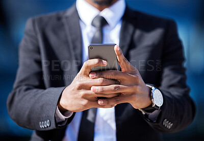 Buy stock photo Hands, business and man with cellphone, typing and internet with lawyer, digital app or social media. Person, legal aid or attorney with smartphone, online schedule or message with email or texting