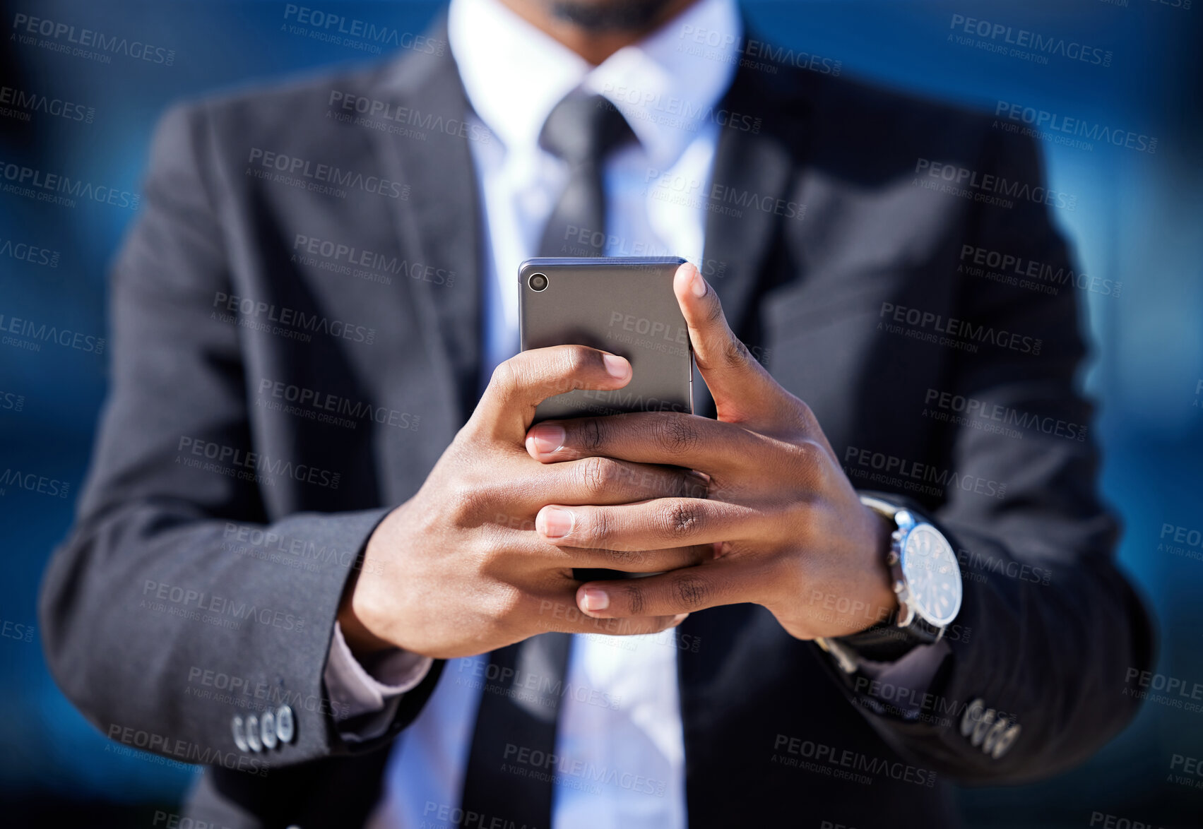 Buy stock photo Hands, business and man with cellphone, typing and internet with lawyer, digital app or social media. Person, legal aid or attorney with smartphone, online schedule or message with email or texting