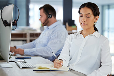 Buy stock photo Woman, consultant and book in call center office, notes and schedule for customer service or telemarketing in coworking space. Planning, writing and goals for company, computer and online sale