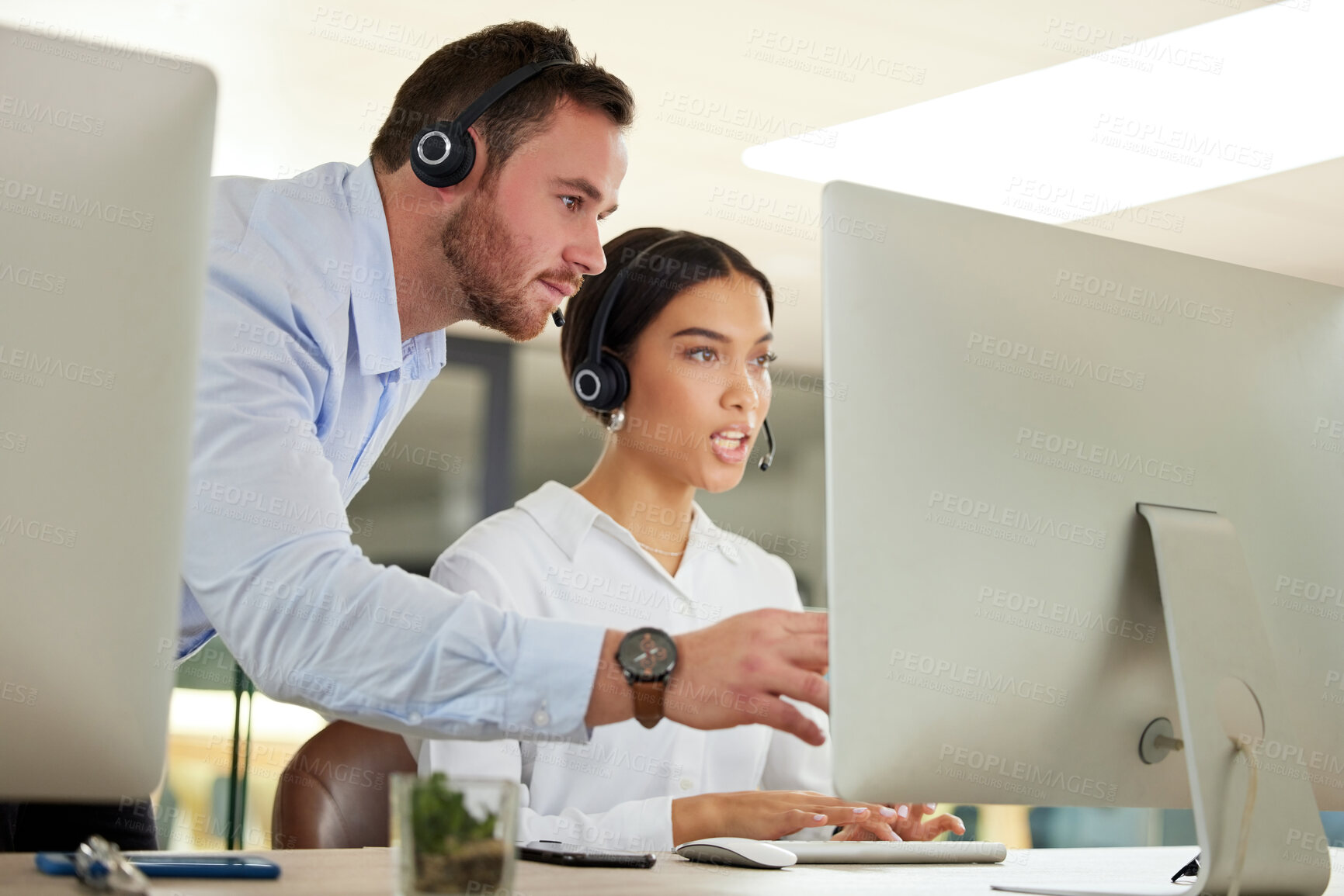 Buy stock photo Call center, training or team with computer in office for telemarketing, faq or customer service. About us, coaching or man manager with inbound marketing consultant for b2b help, crm or networking