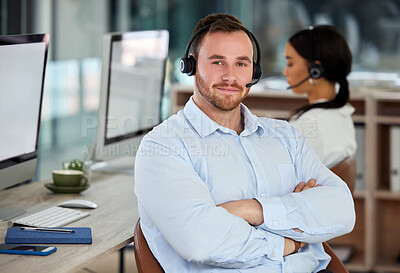 Buy stock photo Call center, portrait and confident business man in office for support, help and customer service. Face, telemarketing and professional consultant with arms crossed for coworking, crm and contact us