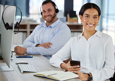 Buy stock photo Call center team, portrait and happy woman with phone in office for support, help desk and customer service. Face, telemarketing consultant and professional agent coworking, contact and about us