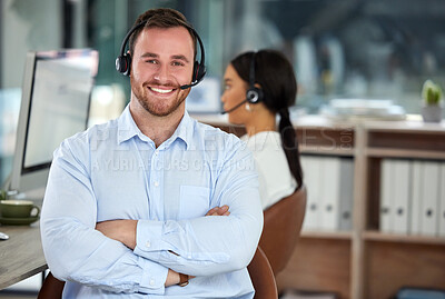 Buy stock photo Call center, portrait and man with confidence in office for support, help or customer service. Smile, telemarketing and professional consultant with arms crossed for coworking, crm or contact us