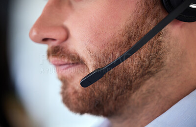Buy stock photo Man, agent and headset in call center or mouth, working and customer support or telemarketing service with microphone. Sales, help desk and tech for online assistance, crm and consultant or employee