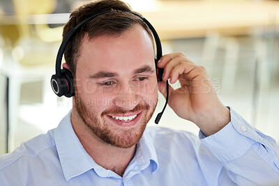 Buy stock photo Man, agent and headset in call center workspace, working and customer support or telemarketing service. Sales, help desk and technology for online assistance, crm and consultant or happy employee