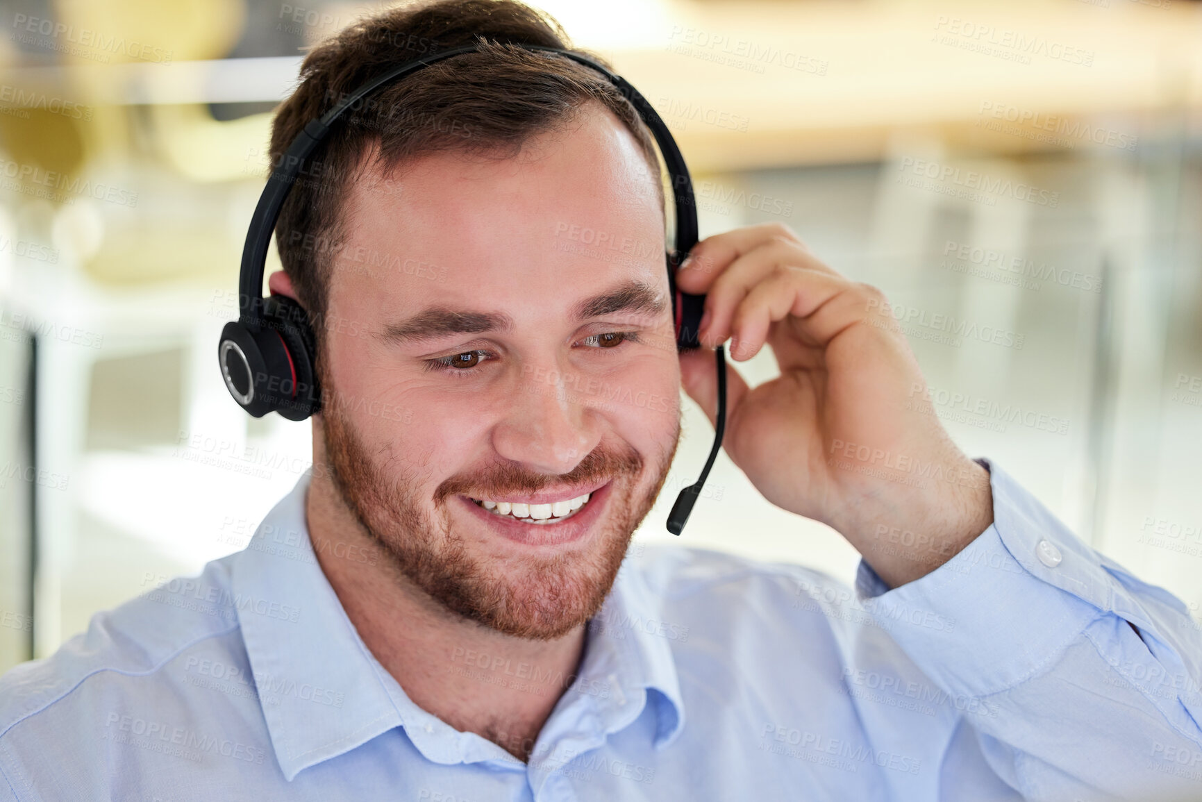 Buy stock photo Man, agent and headset in call center workspace, working and customer support or telemarketing service. Sales, help desk and technology for online assistance, crm and consultant or happy employee