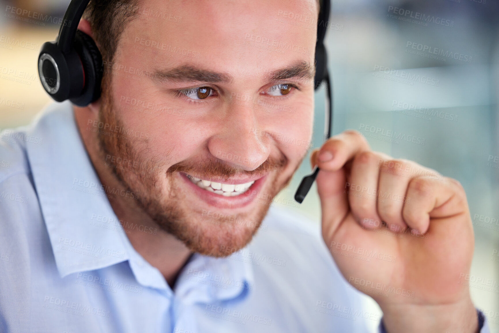 Buy stock photo Call center, happy and man on mic for listening, support or customer service for business. Face, telemarketing and smile of consultant on headset for advice, contact us and help for crm sales online
