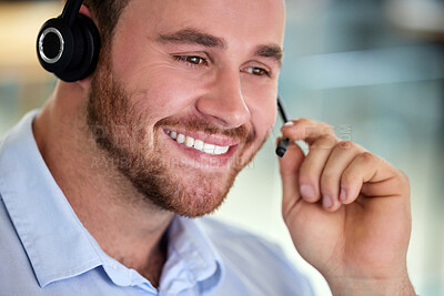 Buy stock photo Smile, call center and man on mic for listening, support or customer service for business. Face, telemarketing and happy consultant on headset for advice, contact us and help for crm sales online 