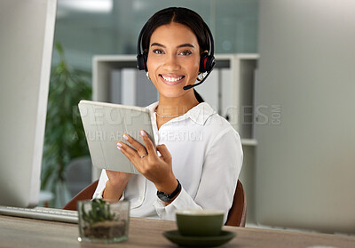 Buy stock photo Call center, portrait and happy woman on tablet in office for tech support, help desk or customer service. Face, telemarketing consultant and smile of professional agent in Dubai for business contact