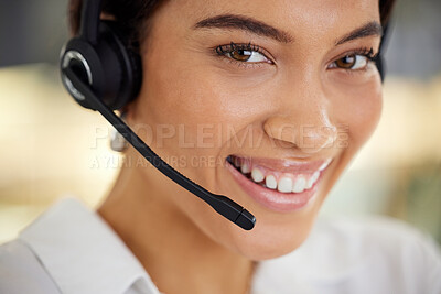 Buy stock photo Happy, woman and face with microphone at call centre in closeup for telemarketing, customer service and communication. Excited, female consultant and headset on hotline for client support or advice