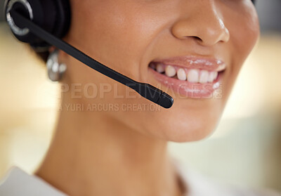 Buy stock photo Happy, woman and face at call centre, closeup for telemarketing, customer service and technical support. Female consultant and headphones for client networking with communication, trust and help