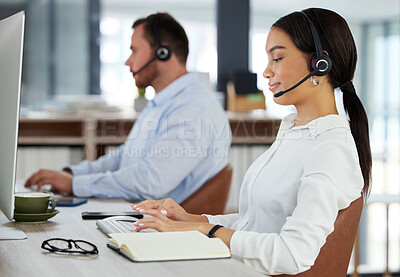 Buy stock photo Woman, consultant and working in call center office, typing and customer service or telemarketing in coworking space. Sales, notebook and tech for online assistance, help desk and employee smile