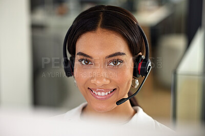 Buy stock photo Happy, woman and face at call centre for telemarketing, customer service and client assistance in closeup. Excited, female consultant and headphones for technical support with communication and trust