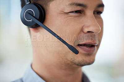 Buy stock photo Call center, consulting and man with headset in office for customer service, advice and communication. Agent, consultant and thinking with technology at work or telemarketing, support and help in crm