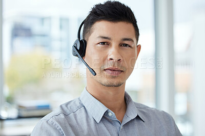Buy stock photo Call center, serious and portrait of man in office for customer service, communication and support. Consultant, crm and agent with headset at work for telemarketing, networking and virtual assistance