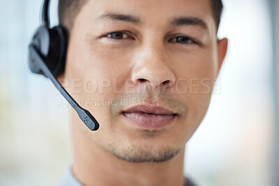 Buy stock photo Call center, consulting and portrait of man with headset for telemarketing, advice and communication. Agent, consultant and face with technology in office for customer service, support and assistance