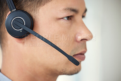 Buy stock photo Customer service, consulting and man with headset in office for call center, communication and help. Consultant, agent and thinking with technology at work or telemarketing, support and advice in crm