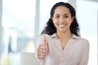 Buy stock photo Businesswoman, portrait and hand with thumbs up approval for corporate career or deal, yes or congratulations. Female person, face and finger as emoji gesture for employee support, promotion or sale