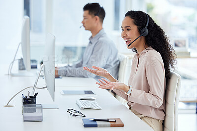 Buy stock photo Call center, computer and consultant woman laughing in telemarketing office for online assistance or help. Contact us, desk and microphone with funny support agent in workplace for customer service