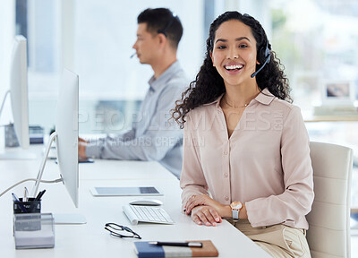Buy stock photo Call center, computer and portrait of consultant woman in telemarketing office for online assistance or help. Contact us, desk and smile with happy agent or operator in workplace for customer support