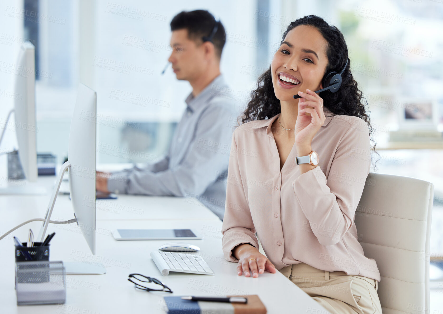 Buy stock photo Call center, computer and portrait of woman in telemarketing office for online assistance or help. Contact, desk and microphone with happy agent at work for consulting, customer support or service