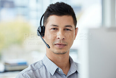 Buy stock photo Call center, consulting and portrait of man in office for telemarketing, advisory and communication. Agent, consultant and serious face with headset for customer service, sales support or help in crm