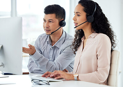 Buy stock photo Call centre, man and woman with manager, typing and computer for website and market research online. Tech support, help and customer service with headset or headphones, training and communication