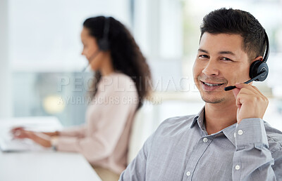 Buy stock photo Happy, businessman and headphones for telemarketing at call centre for customer service, contact and communication. Smile, male consultant or crm with technology for client support or help on hotline