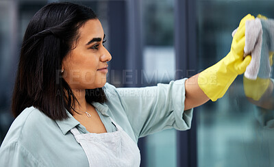 Buy stock photo Woman, gloves and cloth for cleaning windows, detergent and remove dust with housekeeping. Happy person, cleaner and stains with bacteria, disinfection and house with girl, apartment and wipe glass