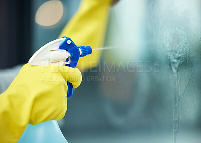 Buy stock photo Closeup, window or cleaning or gloves with spray bottle in home, soap or chemicals for hygiene. Female cleaner or worker with container or liquid for washing, service at hotel or house with equipment