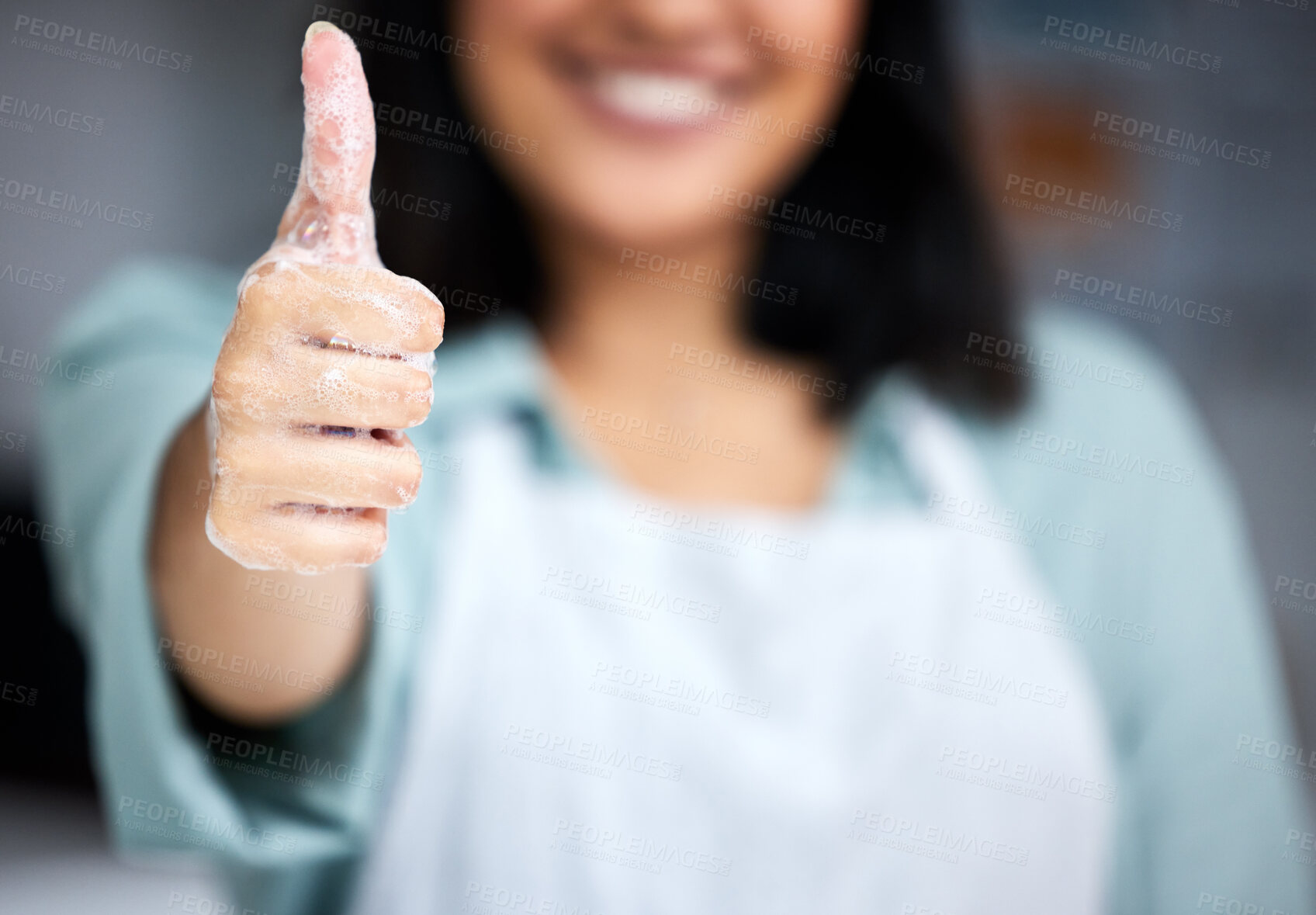Buy stock photo Woman, hand or thumbs up for cleaning good job or maintenance for protection, bacteria or safety. Smile, soap or female housekeeper showing satisfaction, ok sign or emoji for great service or thanks